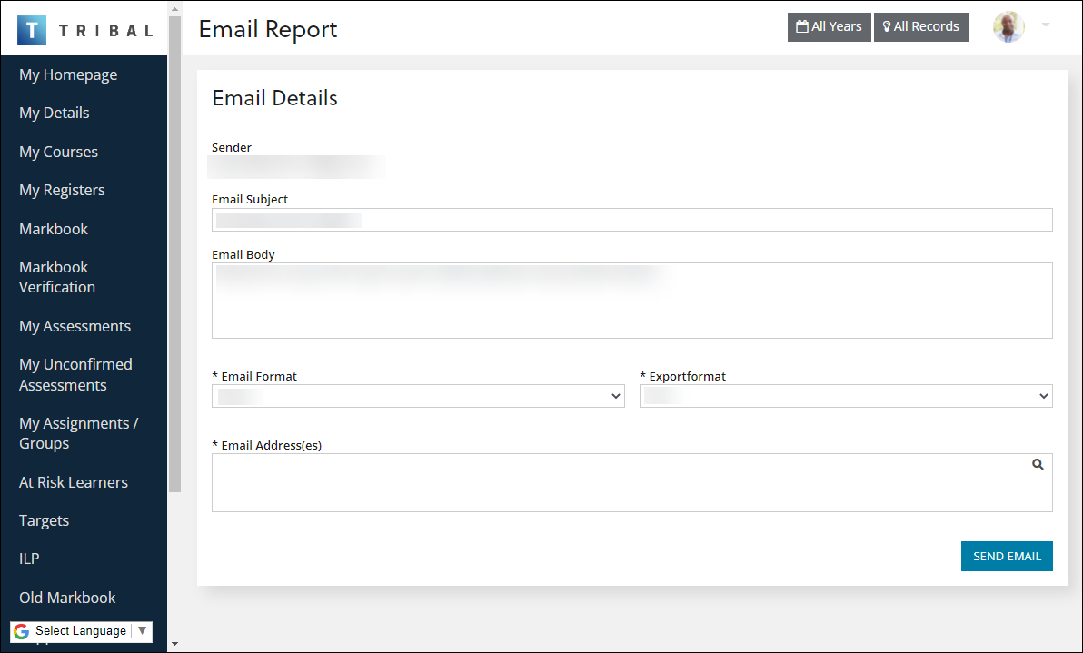 Email Report screen